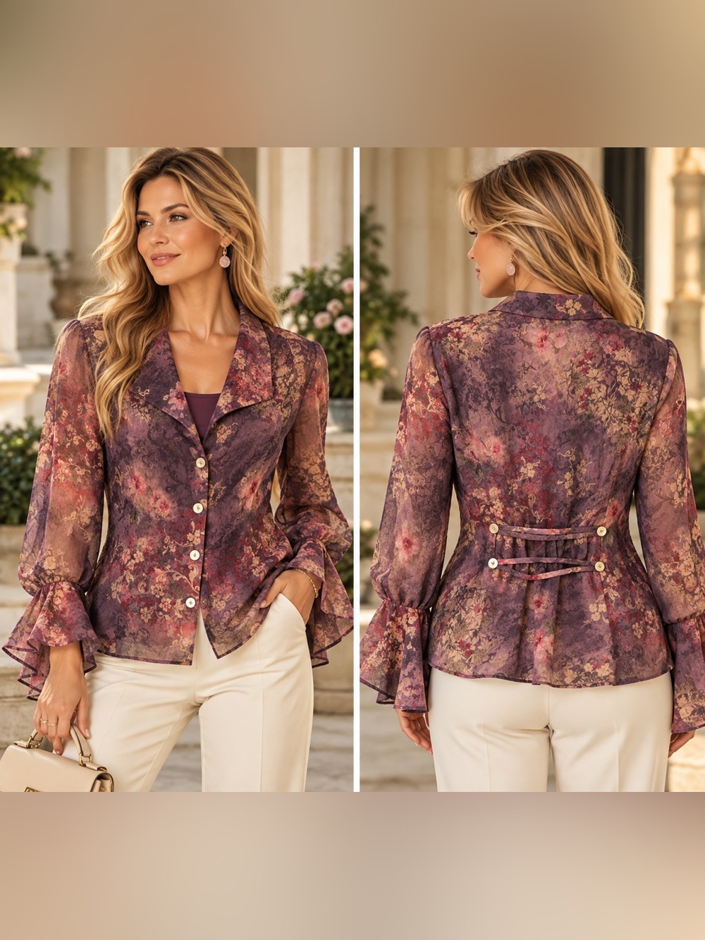 Coldwater Creek Purple Floral Sheer Peplum Blouse
